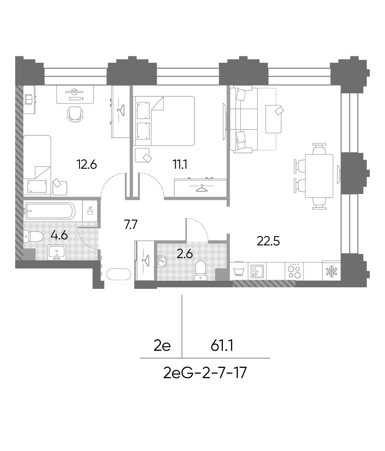 Планировка: Евротрёшка 61,1 м² в ЖК «ЗилАрт»