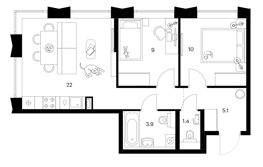 Планировка: 2-комнатная квартира 51,4 м² в ЖК «Бусиновский парк»