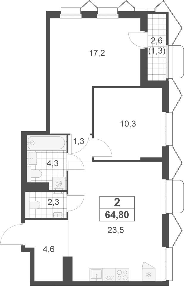 Планировка: Евротрёшка 63,5 м² в ЖК «Деснаречье»