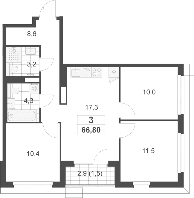Планировка: Квартира евро-4 65,3 м² в ЖК «Скандинавия»