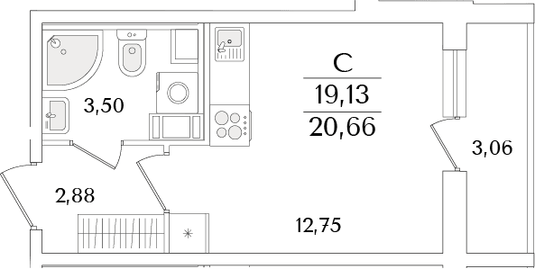 Планировка: Студия 19,1 м² в ЖК «Кинопарк»