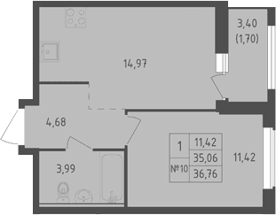 Планировка: 1-комнатная квартира 35,1 м² в ЖК «Южная Нева»
