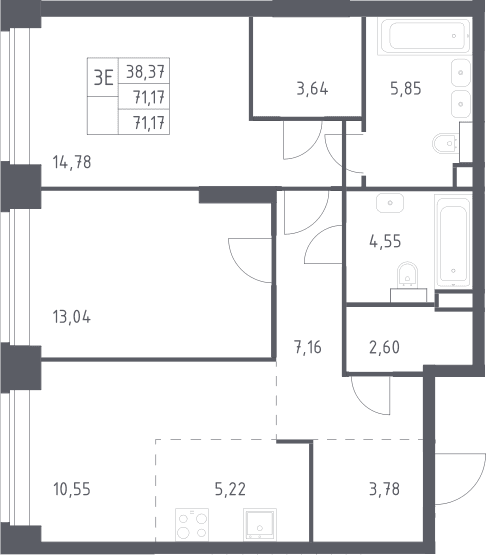 Планировка: Евротрёшка 71,2 м² в ЖК «НОВА»