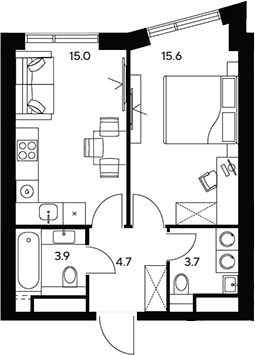 Планировка: 1-комнатная квартира 42,9 м² в ЖК «НЕКСУС от Аквилон»