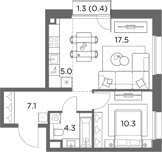 Планировка: Евродвушка 44,2 м² в ЖК «Станиславский»