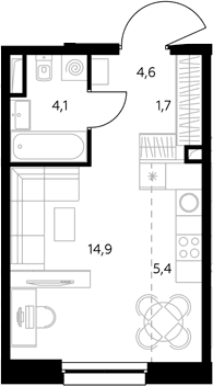 Планировка: Студия 30,8 м² в ЖК «Адмирал»