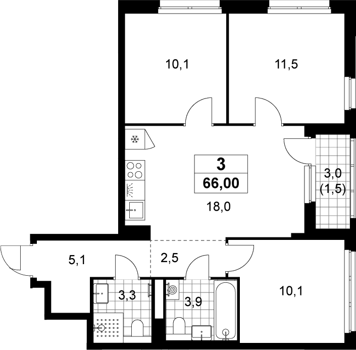 Планировка: Квартира евро-4 64,5 м² в ЖК «Деснаречье»