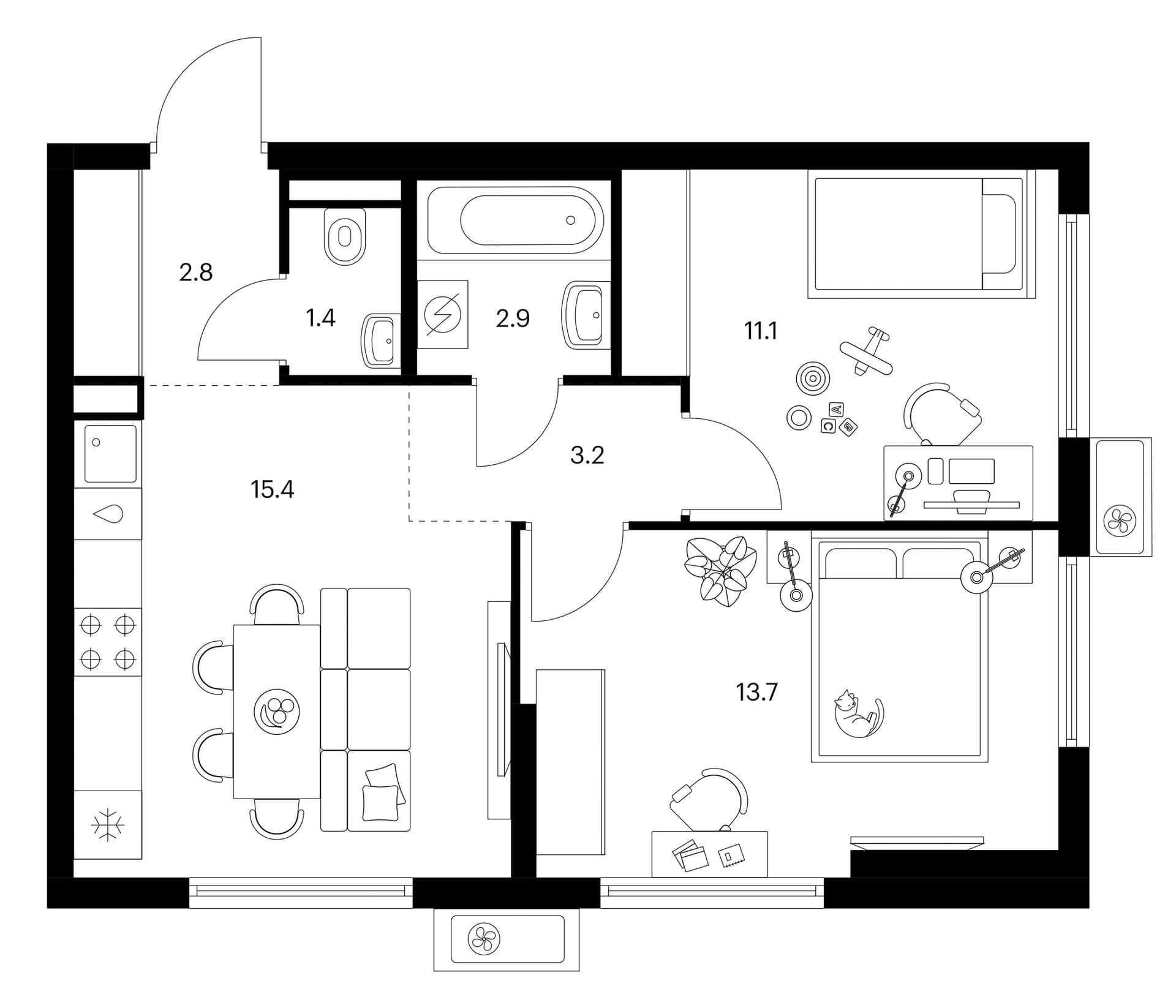 Планировка: 2-комнатная квартира 50,5 м² в ЖК «Белая Дача парк»