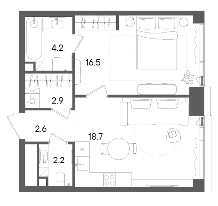 Планировка: Евродвушка 47,1 м² в ЖК «СТОУН Грэйн»