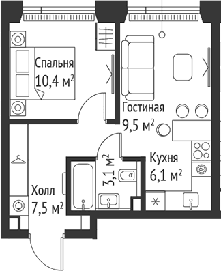 Планировка: Евродвушка 36,5 м² в ЖК «СЕТ»