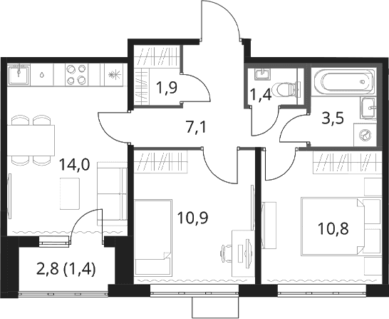 Планировка: 2-комнатная квартира 49,6 м² в ЖК «1-й Шереметьевский»