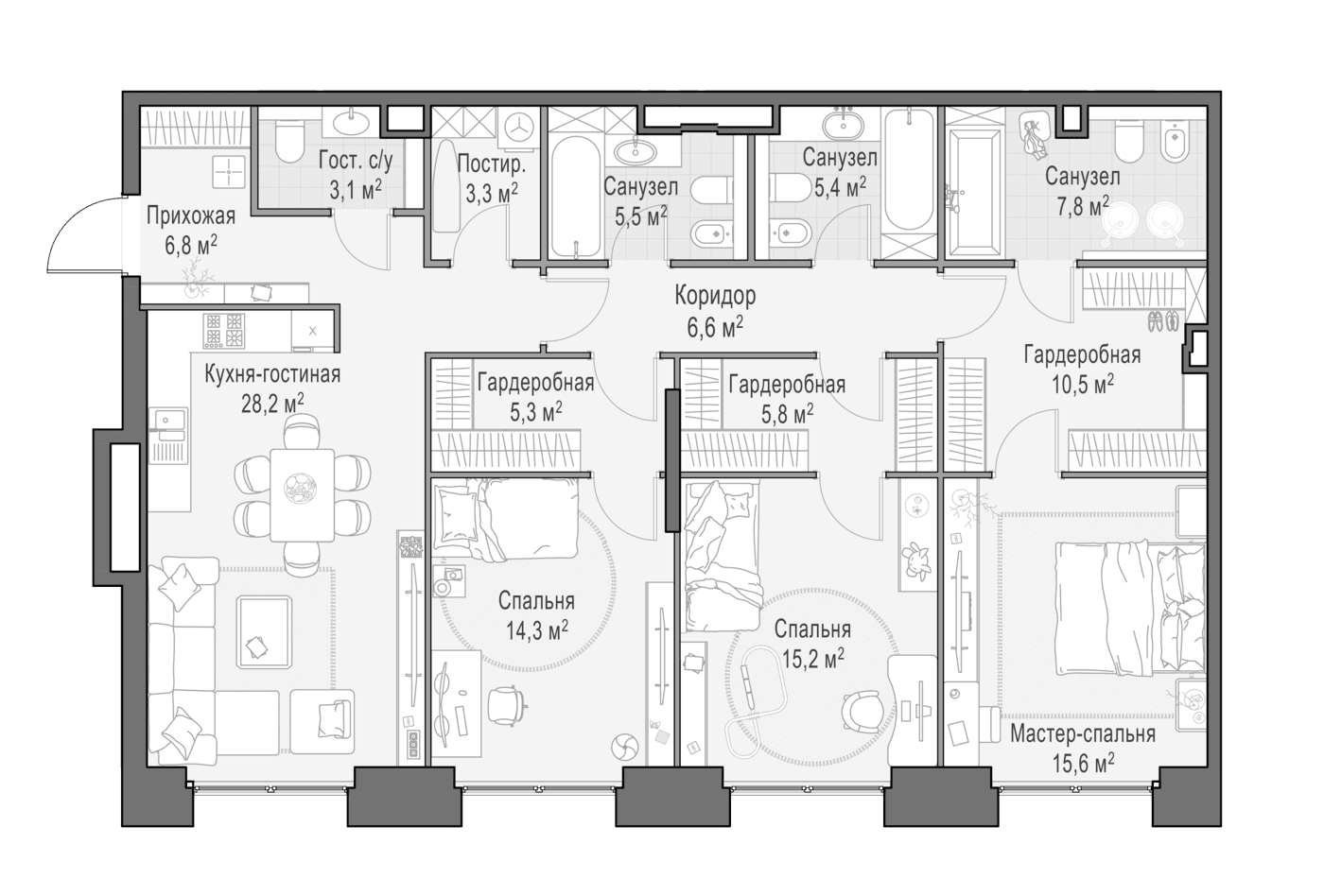 Планировка: Квартира евро-4 134,6 м² в ЖК «Квартал Life Time»