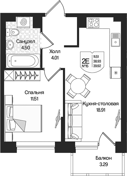 Планировка: Евродвушка 38,9 м² в ЖК «Охтинские высоты»
