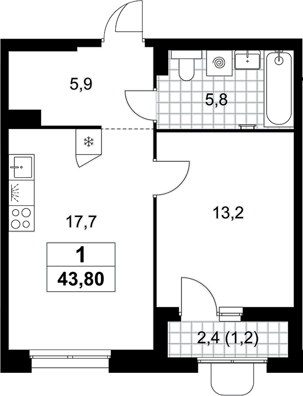 Планировка: Евродвушка 42,6 м² в ЖК «Прокшино»