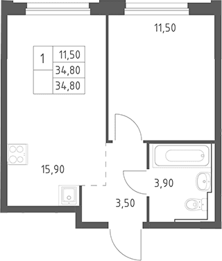 Планировка: Евродвушка 34,8 м² в ЖК «Химки Парк»