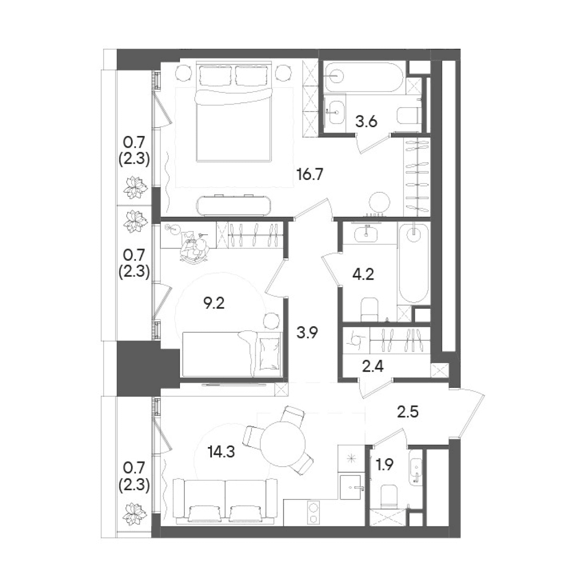 Планировка: 2-комнатная квартира 58,7 м² в ЖК «СТОУН Грэйн»