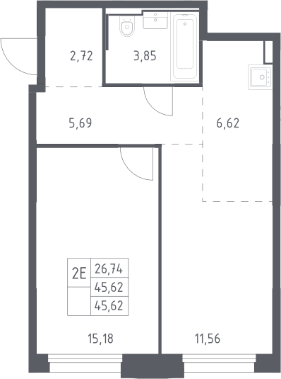 Планировка: Евродвушка 45,6 м² в ЖК «Квартал Строгино»