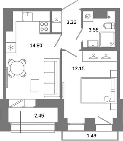 Планировка: 1-комнатная квартира 33,7 м² в ЖК «Твой Космос»
