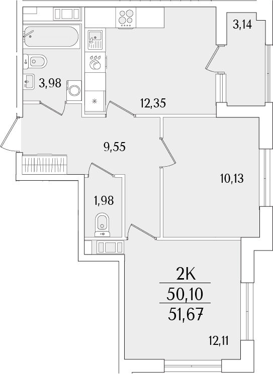 Планировка: 2-комнатная квартира 50,1 м² в ЖК «Гранат»