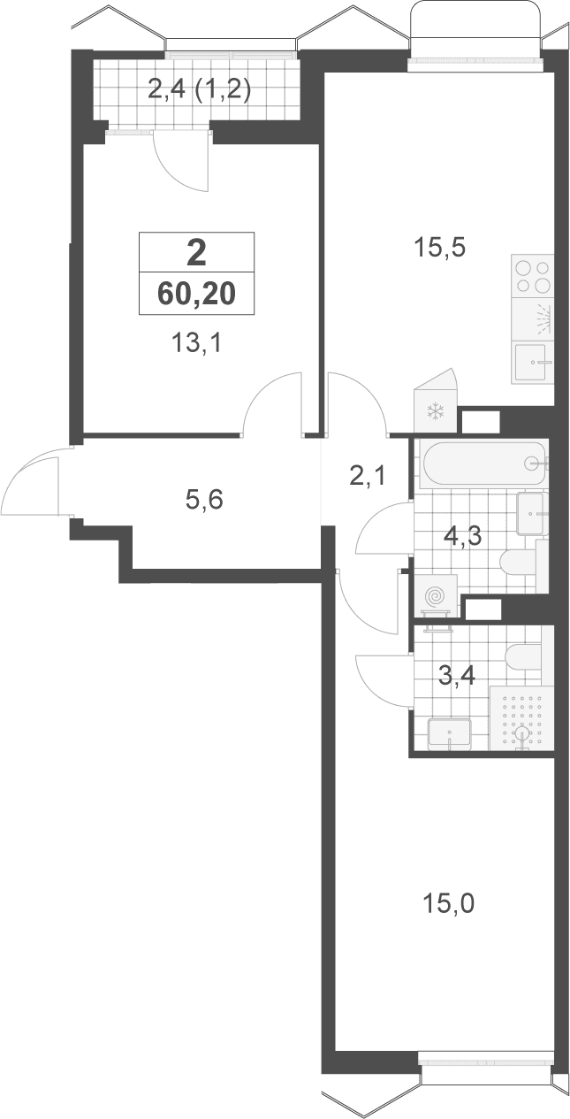 Планировка: 2-комнатная квартира 59 м² в ЖК «Деснаречье»