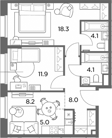 Планировка: Евротрёшка 59,6 м² в ЖК «Станиславский»