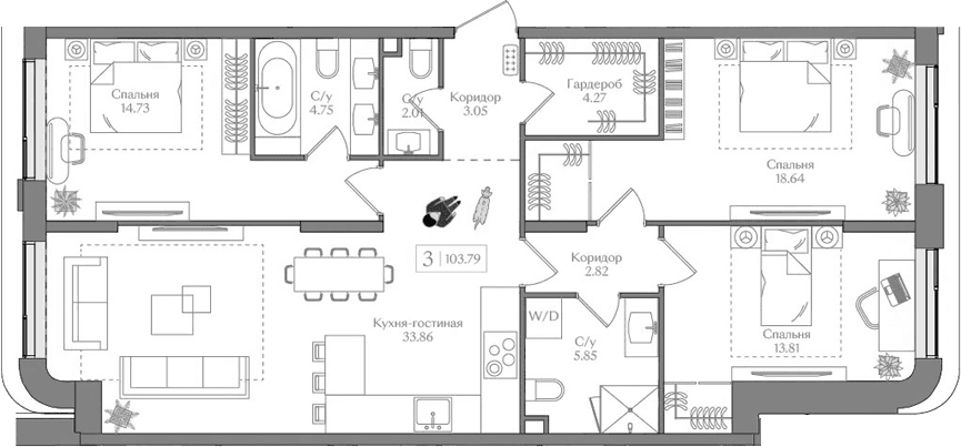 Планировка: Квартира евро-4 103,8 м² в ЖК «Преображенская площадь»