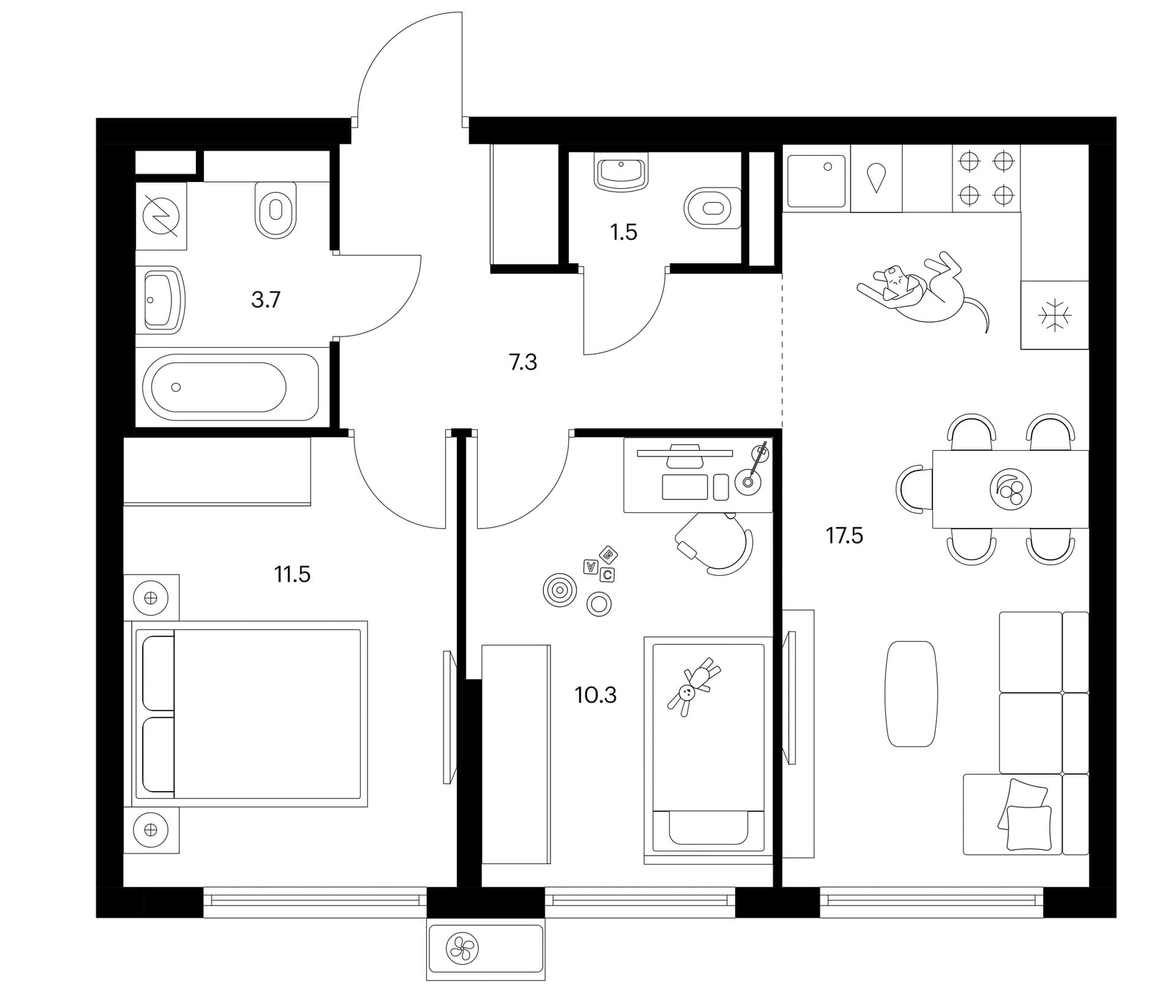 Планировка: 2-комнатная квартира 51,8 м² в ЖК «Белая Дача парк»