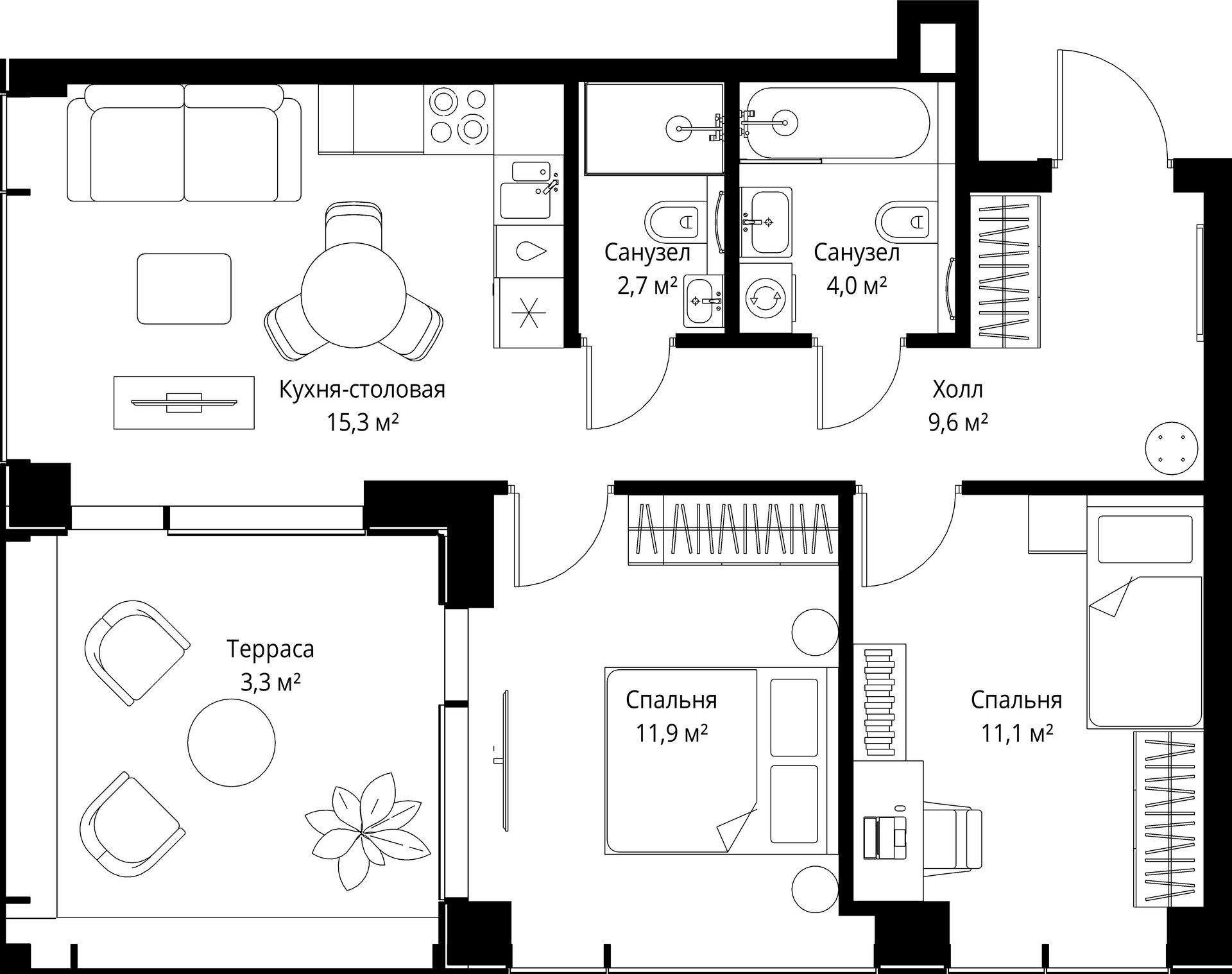 Планировка: 2-комнатная квартира 54,6 м² в ЖК «Веер»