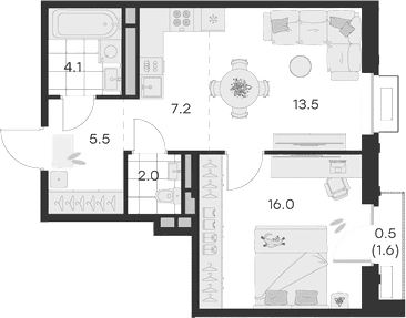 Планировка: Евродвушка 48,3 м² в ЖК «Михалевич»