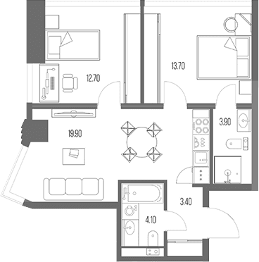 Планировка: 2-комнатная квартира 57,6 м² в ЖК «Северный Порт»