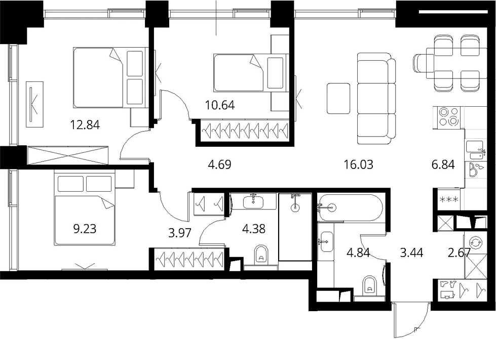 Планировка: Квартира евро-4 79,6 м² в ЖК «Сити Бэй»