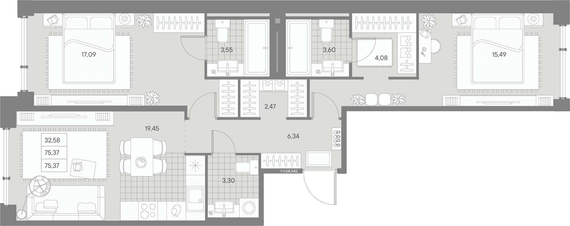 Планировка: Евротрёшка 75,4 м² в ЖК «АВАНТ»