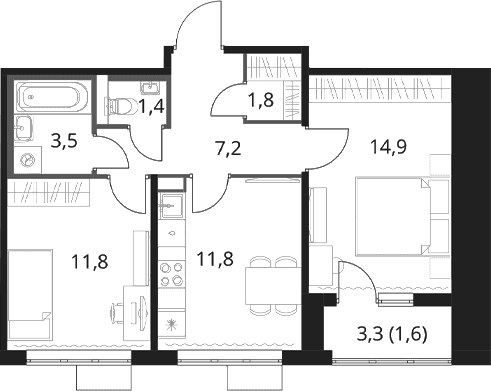 Планировка: 2-комнатная квартира 52,4 м² в ЖК «1-й Шереметьевский»