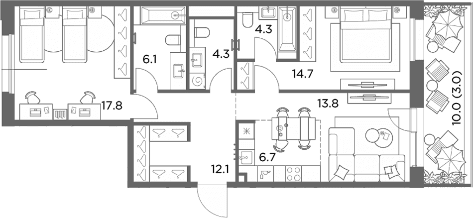 Планировка: Евротрёшка 79,8 м² в ЖК «Станиславский»
