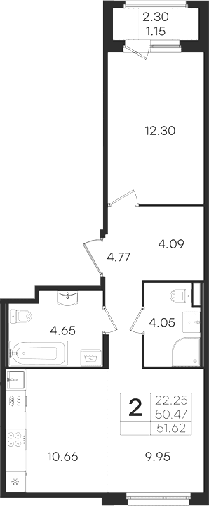 Планировка: Евродвушка 50,5 м² в ЖК «Романовка»