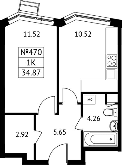 Планировка: 1-комнатная квартира 34,9 м² в ЖК «Новотомилино»