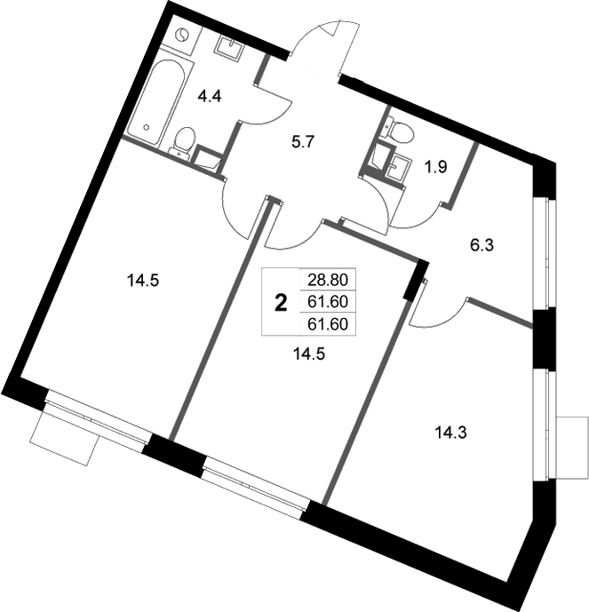 Планировка: 2-комнатная квартира 61,6 м² в ЖК «Легенда Марусино»