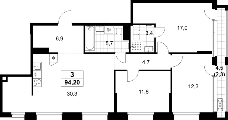 Планировка: Квартира евро-4 91,9 м² в ЖК «Хольм»