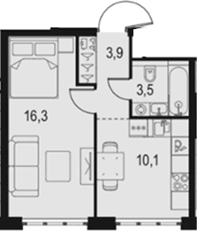 Планировка: 1-комнатная квартира 33,8 м² в ЖК «Левел Южнопортовая»