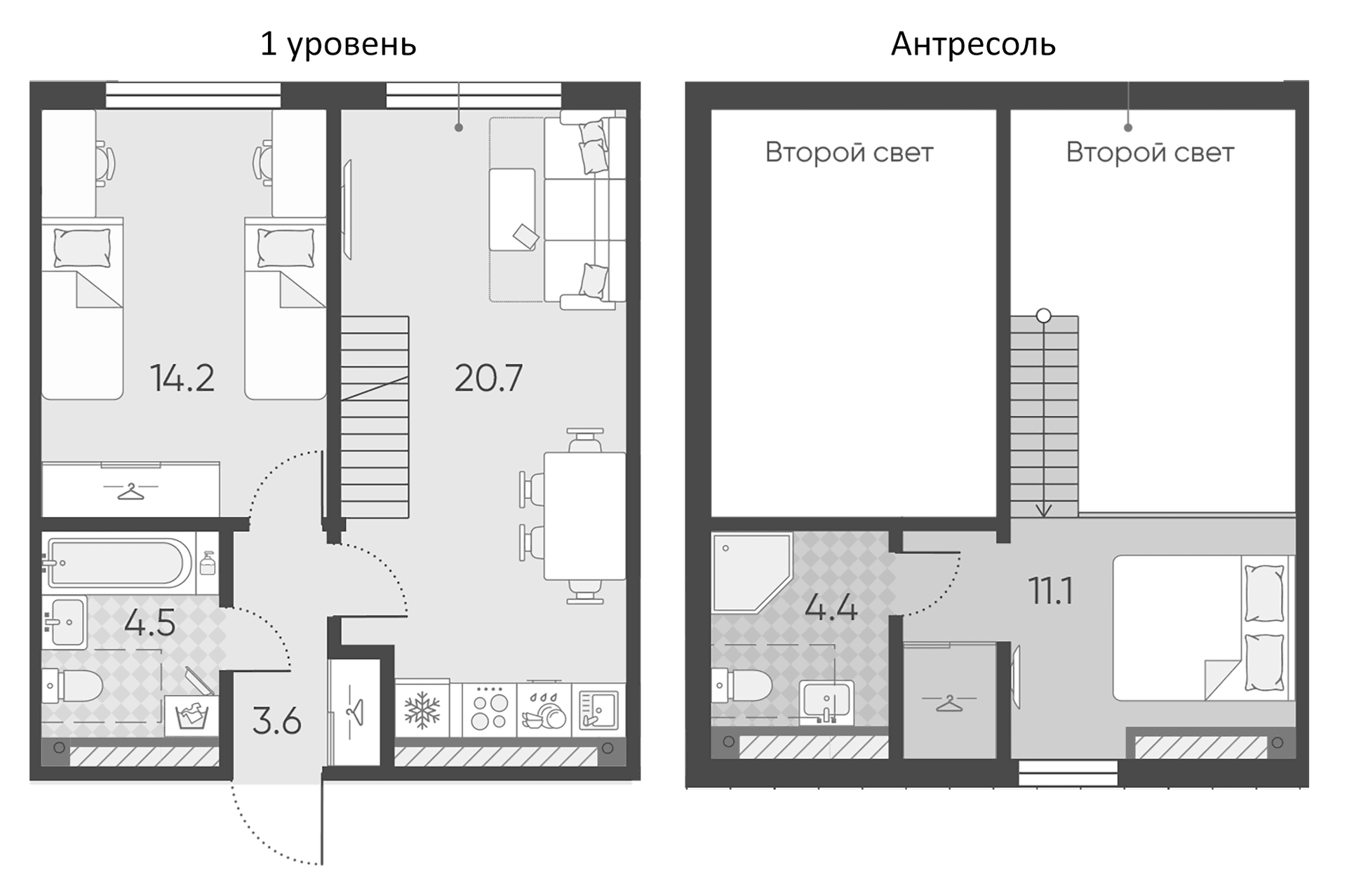 Планировка: Евродвушка 58,5 м² в ЖК «Пулково Лейк»