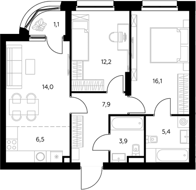 Планировка: Евротрёшка 66,6 м² в ЖК «Адмирал»