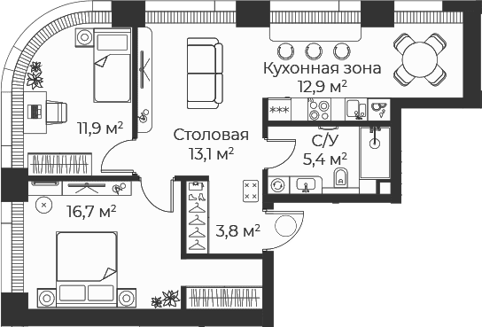 Планировка: Евротрёшка 63,8 м² в ЖК «Веер»
