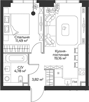 Планировка: Евродвушка 39,3 м² в ЖК «Гранд Фили»