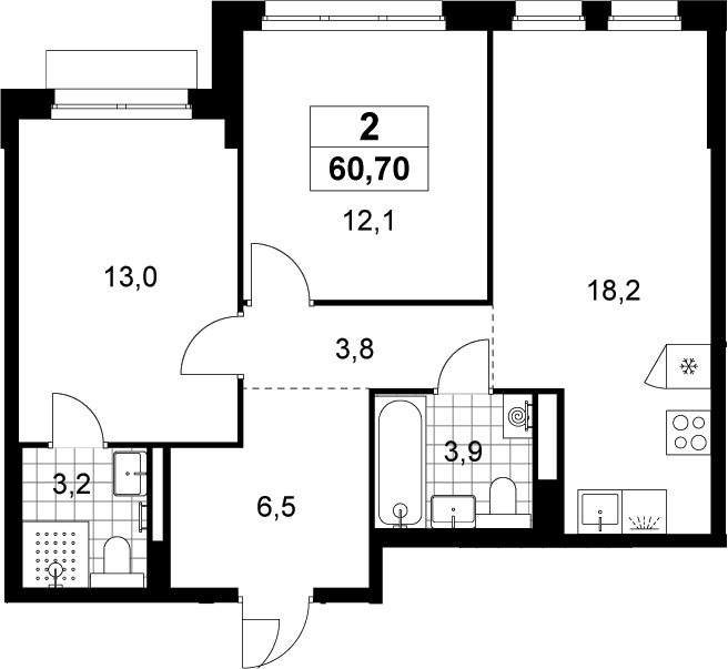 Планировка: Евротрёшка 60,7 м² в ЖК «Деснаречье»