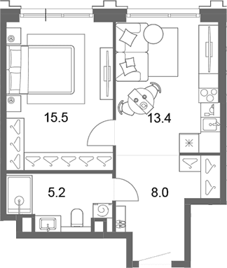 Планировка: Евродвушка 42,1 м² в ЖК «ОМ Ботанический»