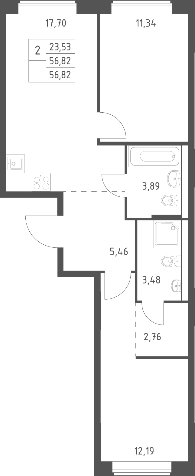 Планировка: Евротрёшка 56,8 м² в ЖК «Большое Юрлово»