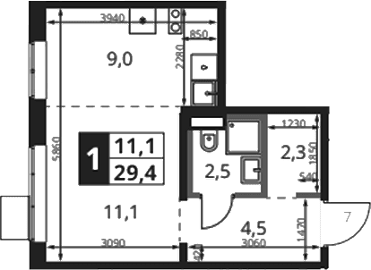 Планировка: Студия 29,4 м² в ЖК «1-й Ясеневский»