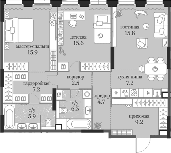Планировка: 2-комнатная квартира 90,3 м² в ЖК «Муза»