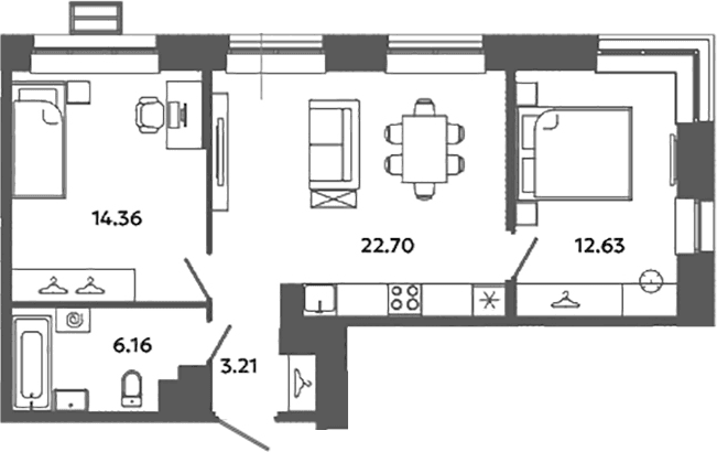 Планировка: Евротрёшка 59,1 м² в ЖК «Загляденье»