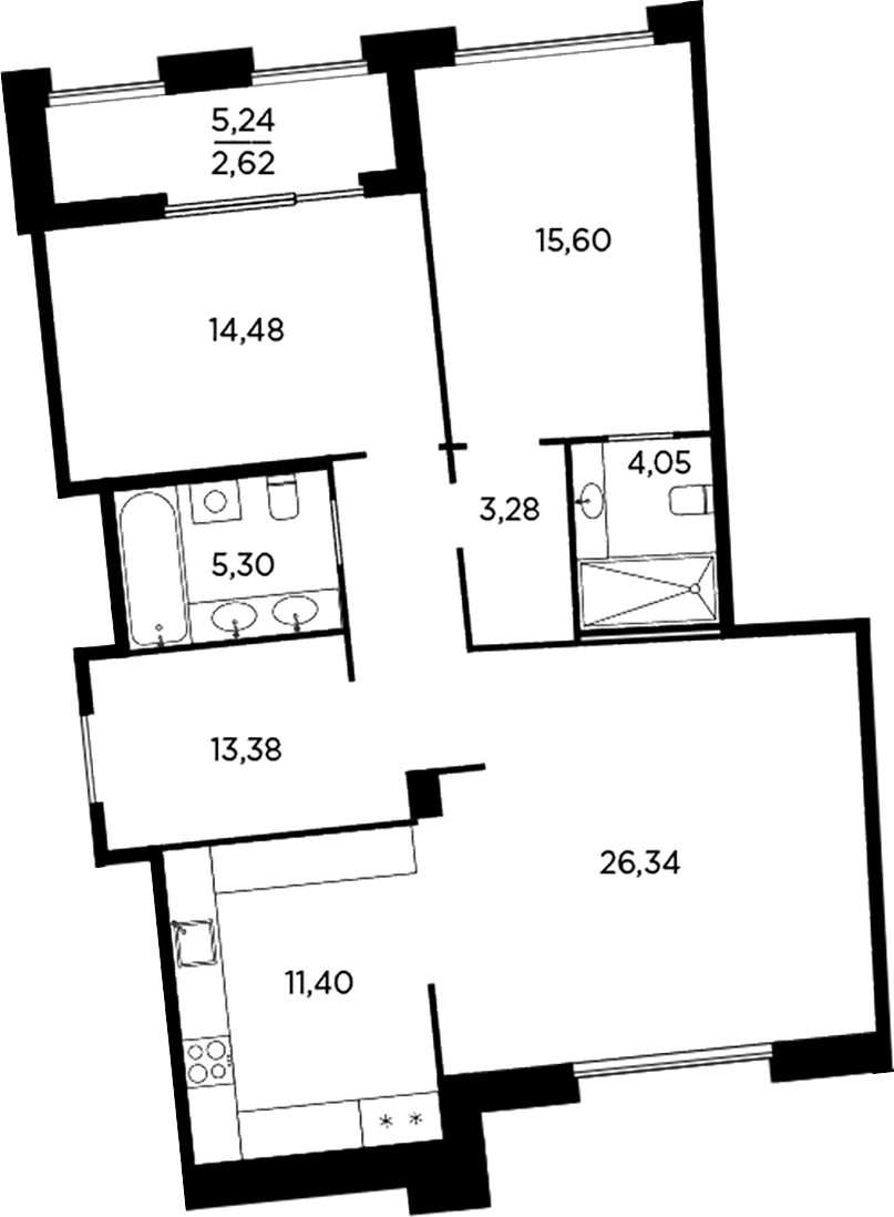 Планировка: 3-комнатная квартира 93,8 м² в ЖК «Акватория»